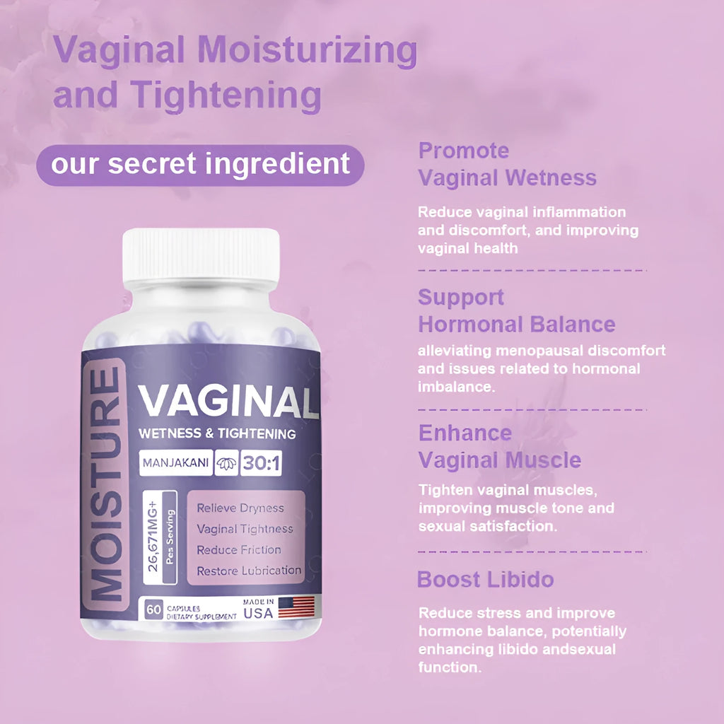 Bottle containing 60 vaginal capsules for women's intimate health with plant extract formulation