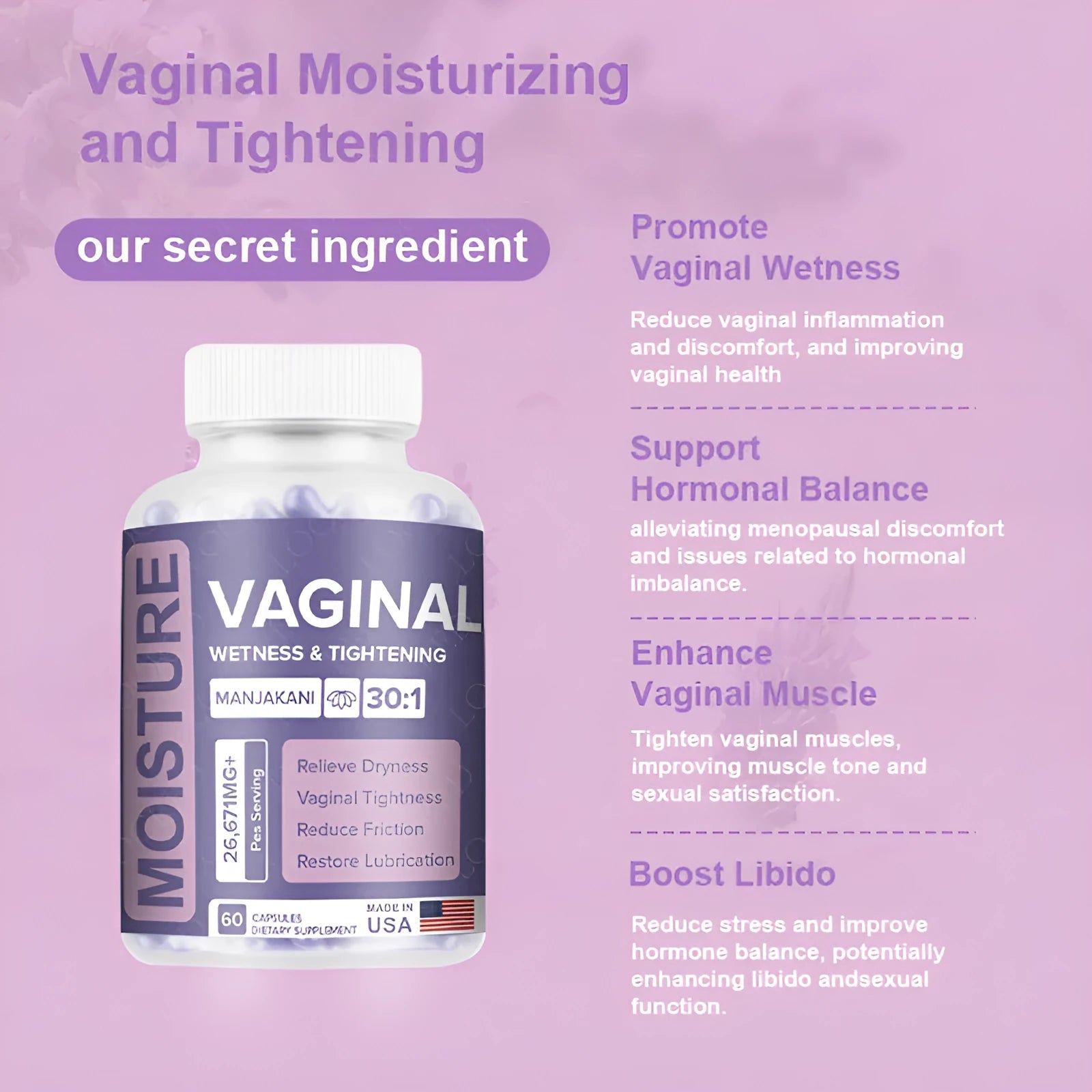 Bottle containing 60 vaginal capsules for women's intimate health with plant extract formulation