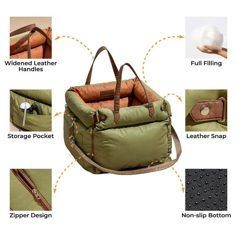 Green waterproof dog car nest with removable washable cover on a car seat