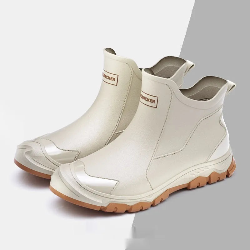 Korean-style PVC short tube rain boots with non-slip plastic soles in black-red colour combination