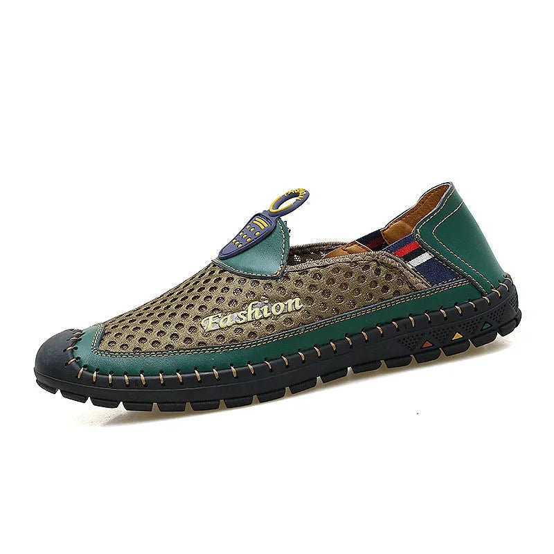 Men's brown casual shoes with mesh upper and rubber sole, showing round toe and stitching detail