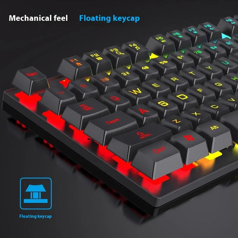 Black 104-key mechanical gaming keyboard with backlight and optical mouse on desktop