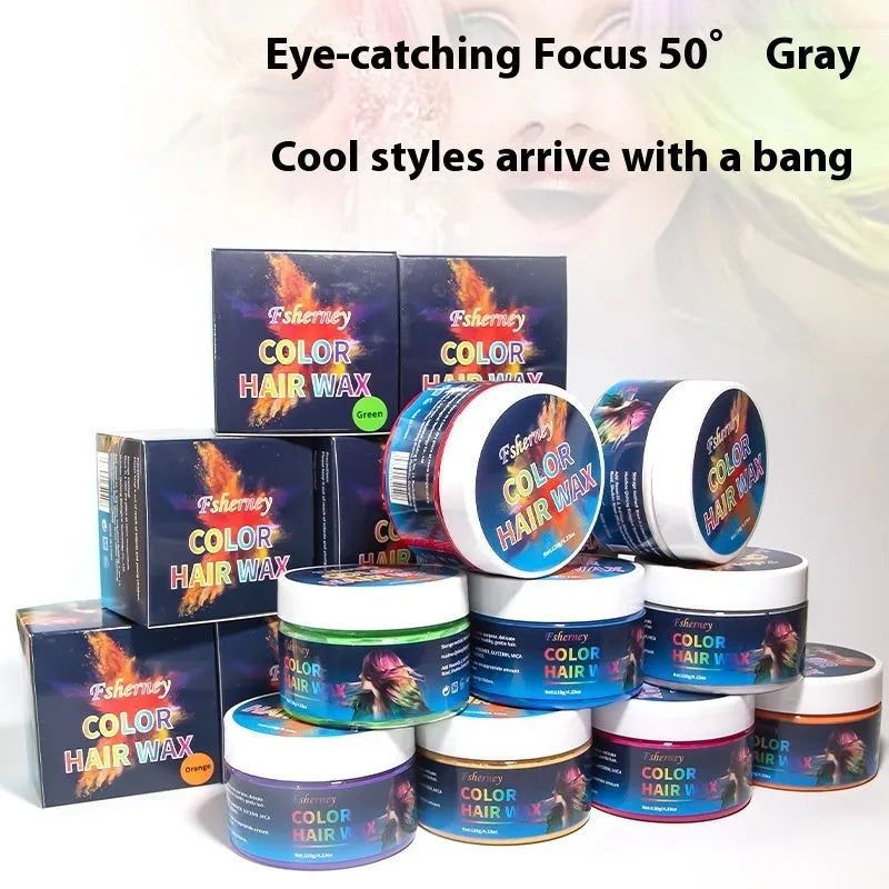 120g hair styling clay jar in one of nine colours: white, orange, red, yellow, blue, green, purple, rose red, or granny grey