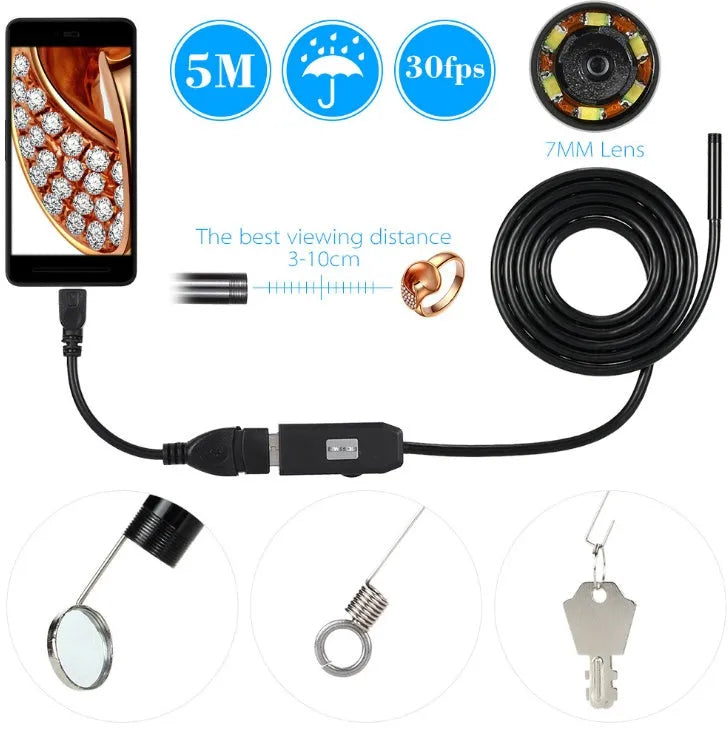 OWSOO USB endoscope camera with 5m cable, 6 LED lights, hook, magnet, and side mirror attachments