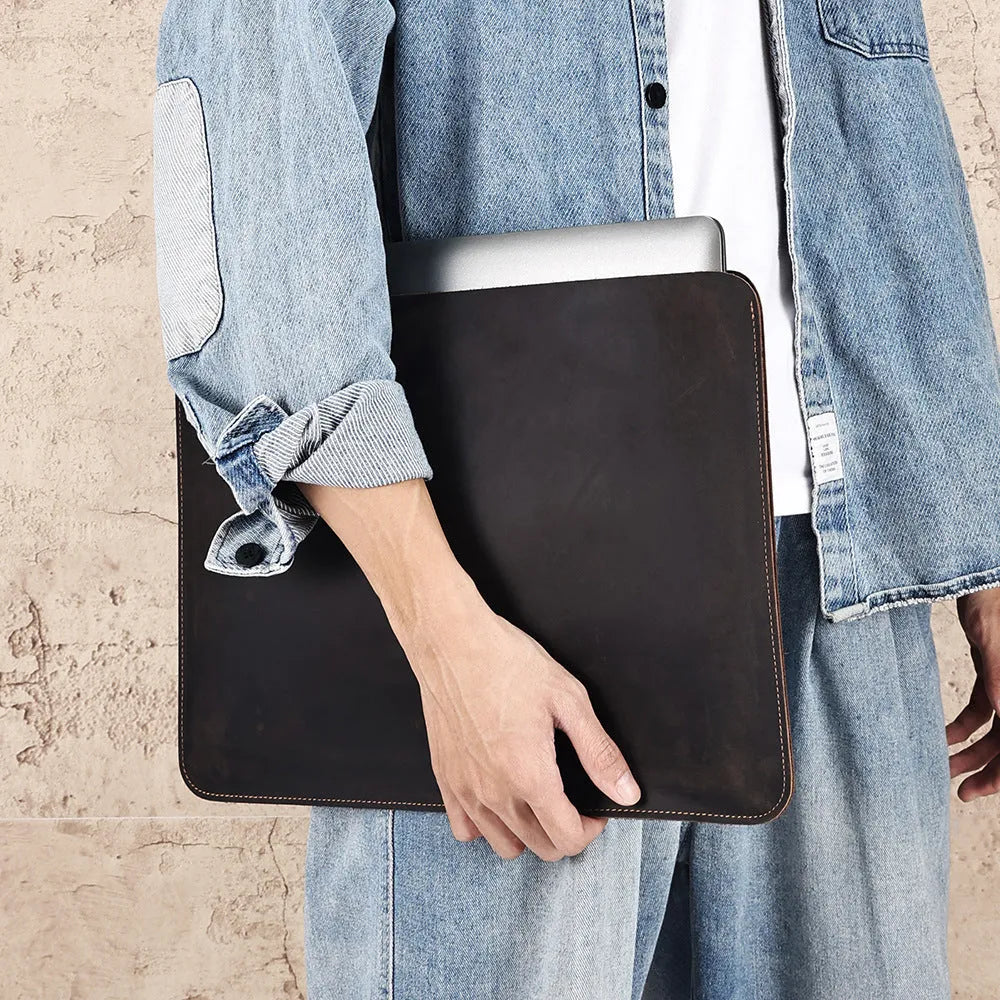 Crazy Horse leather horizontal computer liner bag in genuine cowhide with wear-resistant construction