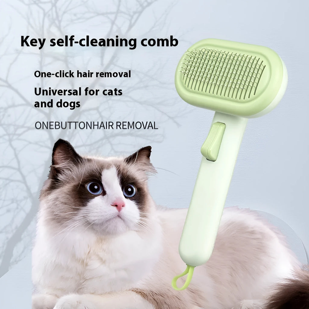 Large light grey pet grooming comb for cats and dogs showing one-click hair removal button.