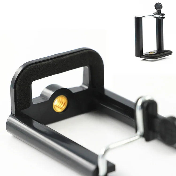 Black plastic U clip mobile phone holder bracket for mounting to camera arms.