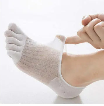 Pair of solid colour modal five-finger boat socks laid flat.