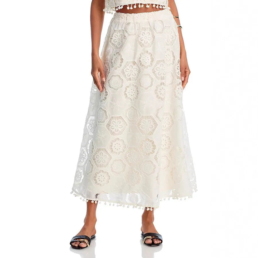 White women's sleeveless suit with embroidered long skirt in retro art style