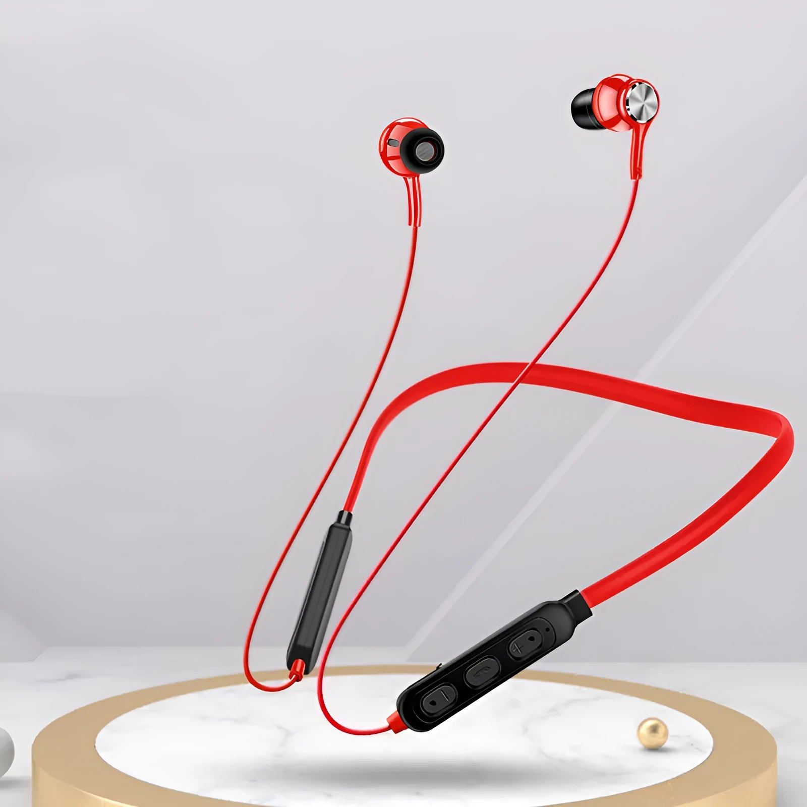 Sports Bluetooth earphones with a black neckband and stereo earpieces