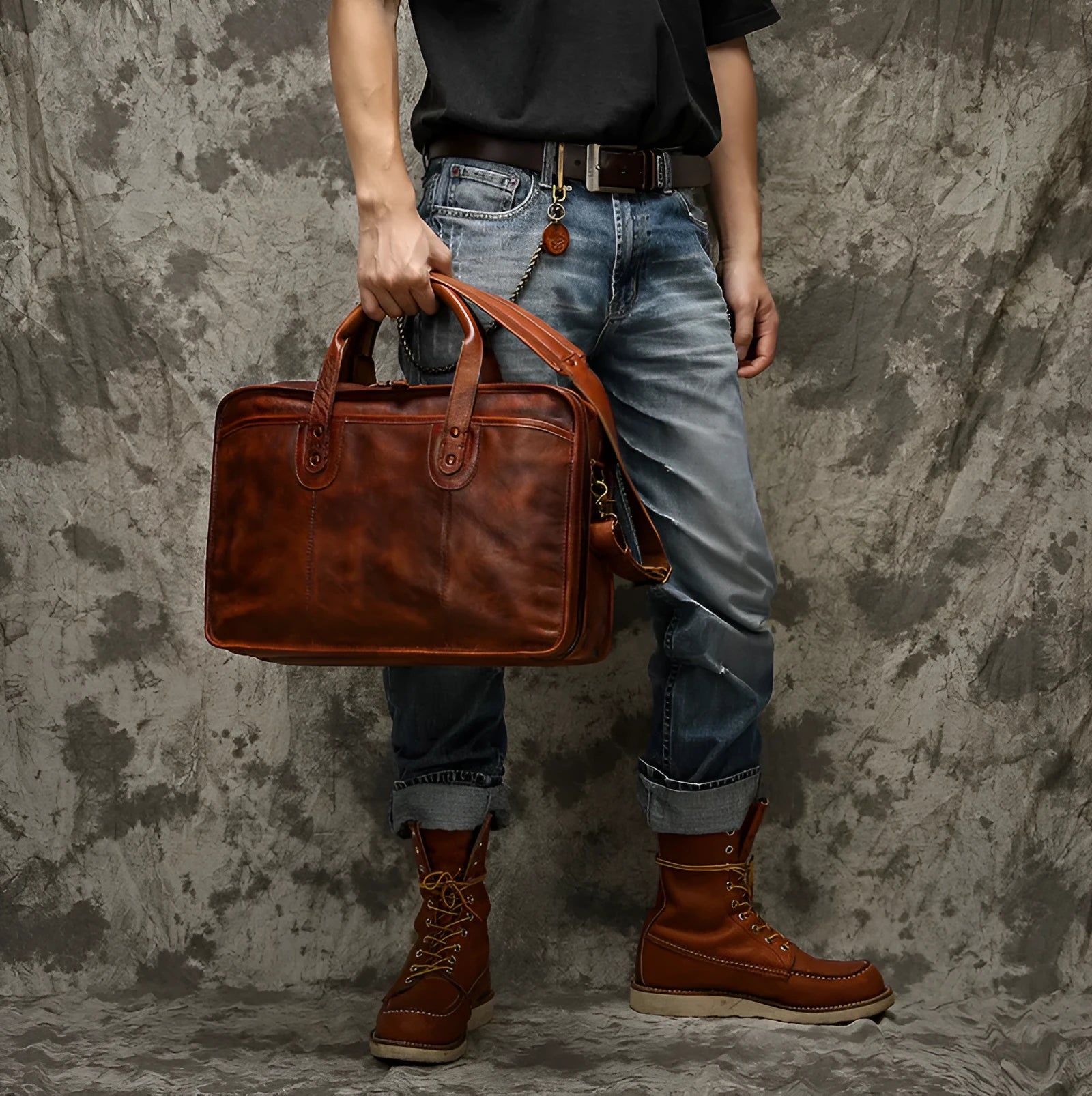 Men's black leather briefcase showing interior organisational pockets and compartments