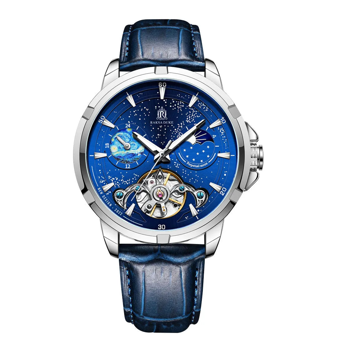 Men's automatic mechanical watch with blue dial and stainless steel case, 14mm thickness