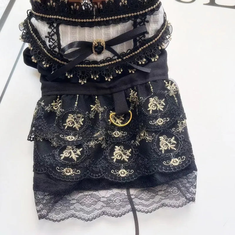 Golden gothic-style princess skirt pet clothing for cats or dogs on a mannequin