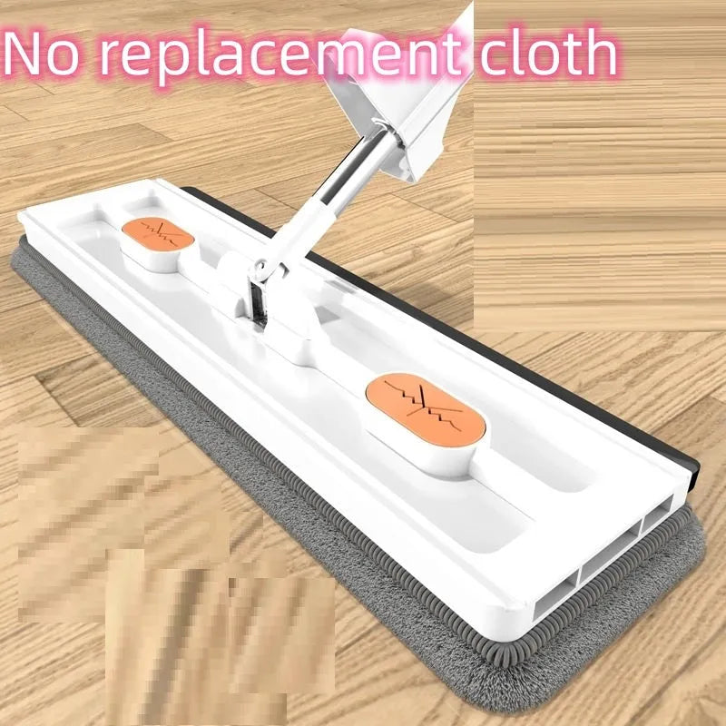 Large flat mop with long stainless steel handle and blue cleaning cloth on hard floor