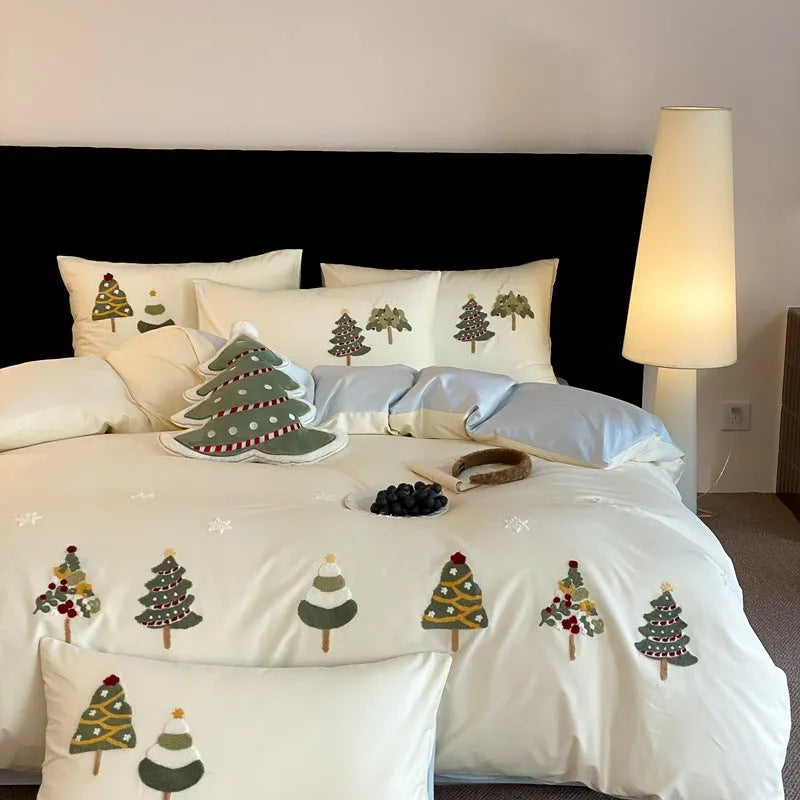 Pure cotton four-piece bedding set with Christmas tree embroidery in cream blue and green colours