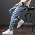 Men's Korean style cargo jeans in straight leg cut with micro elasticity cotton fabric