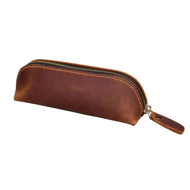 Square leather pencil case with zipper closure in black, brown, dark brown, or yellow colour