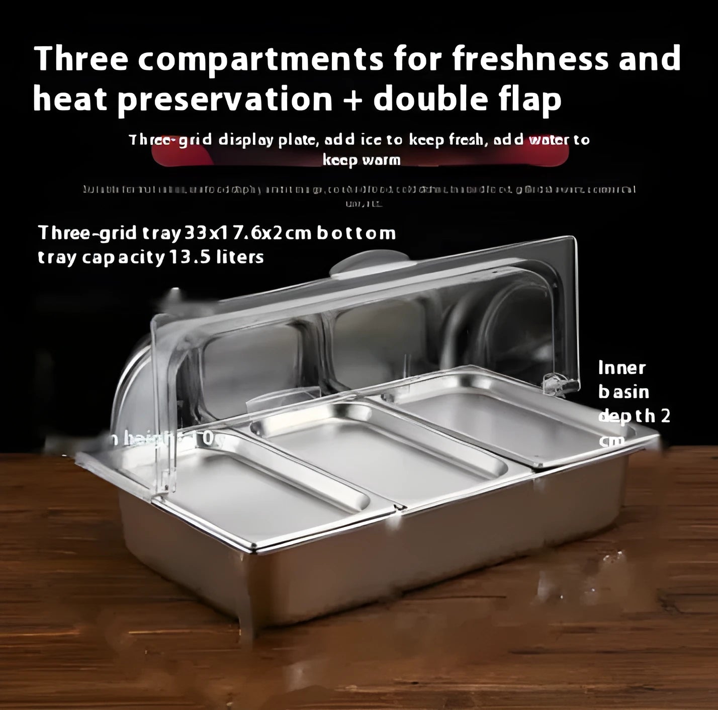 Stainless steel commercial dining plate display box with a removable lid and multiple inner compartments.