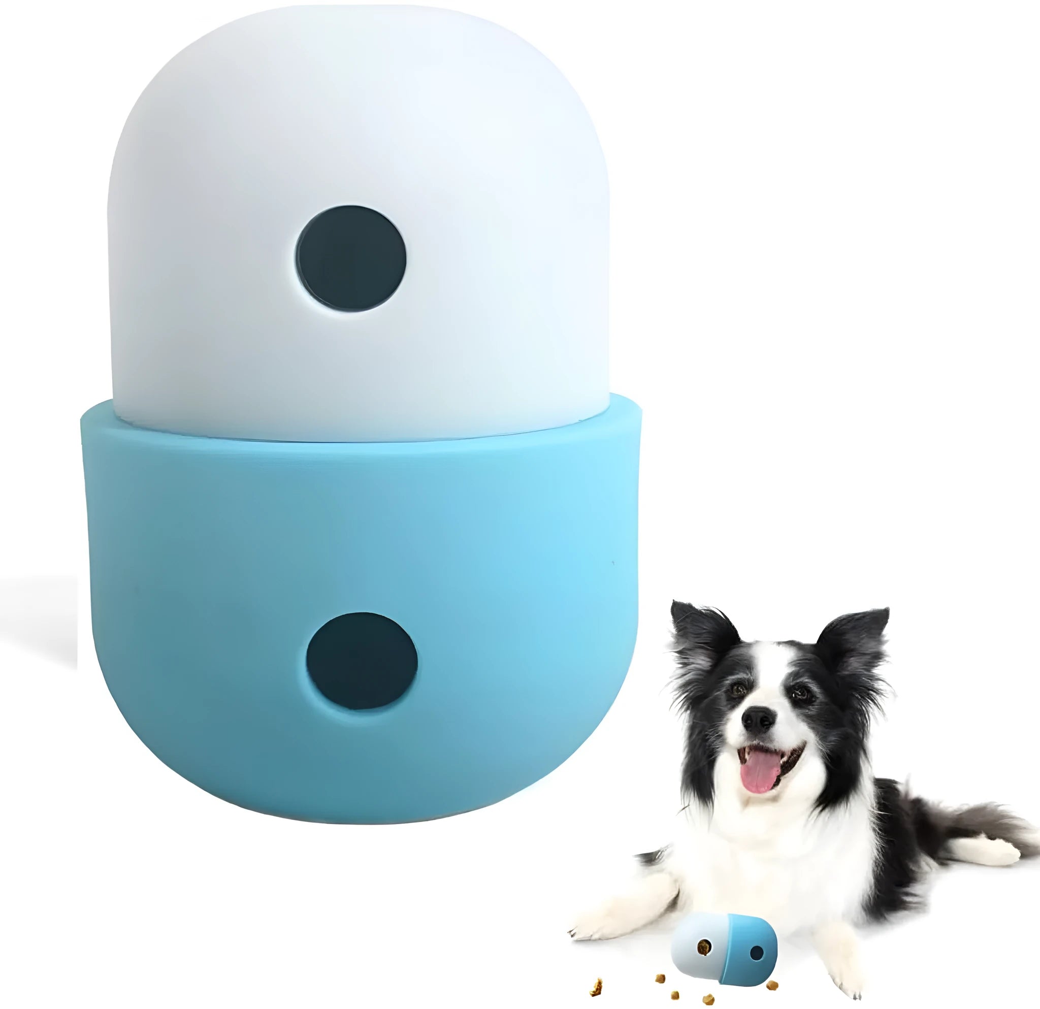 Food grade silicone dog treat puzzle ball in white with blue trim, measuring 8x11cm