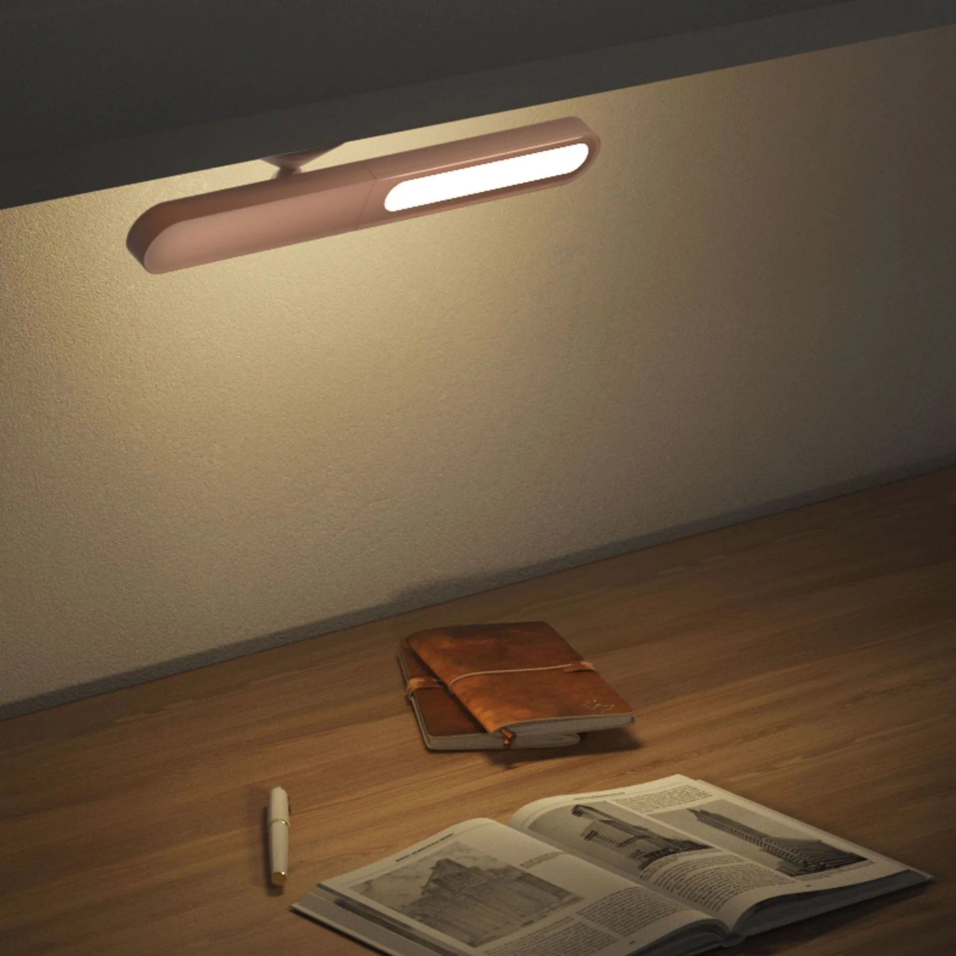 Geometric desk lamp with magnetic base shown attached to metal surface as wall light