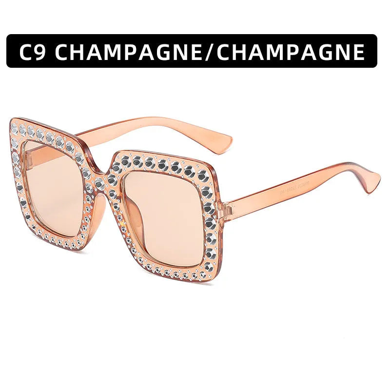 Large square frame sunglasses with rhinestone details on a PC frame in multiple colour options