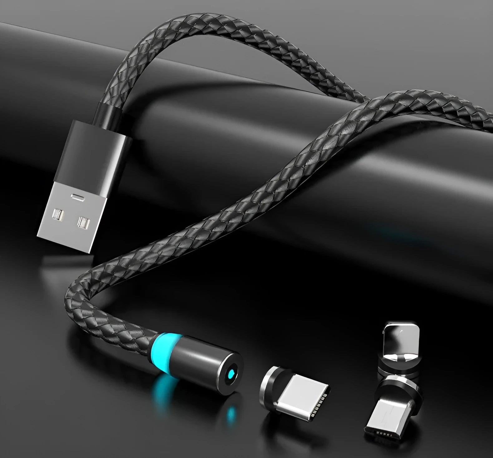 Multi-colour magnetic phone charging cable with breathing LED light and magnetic adapters for USB-C, Lightning, and Micro USB.