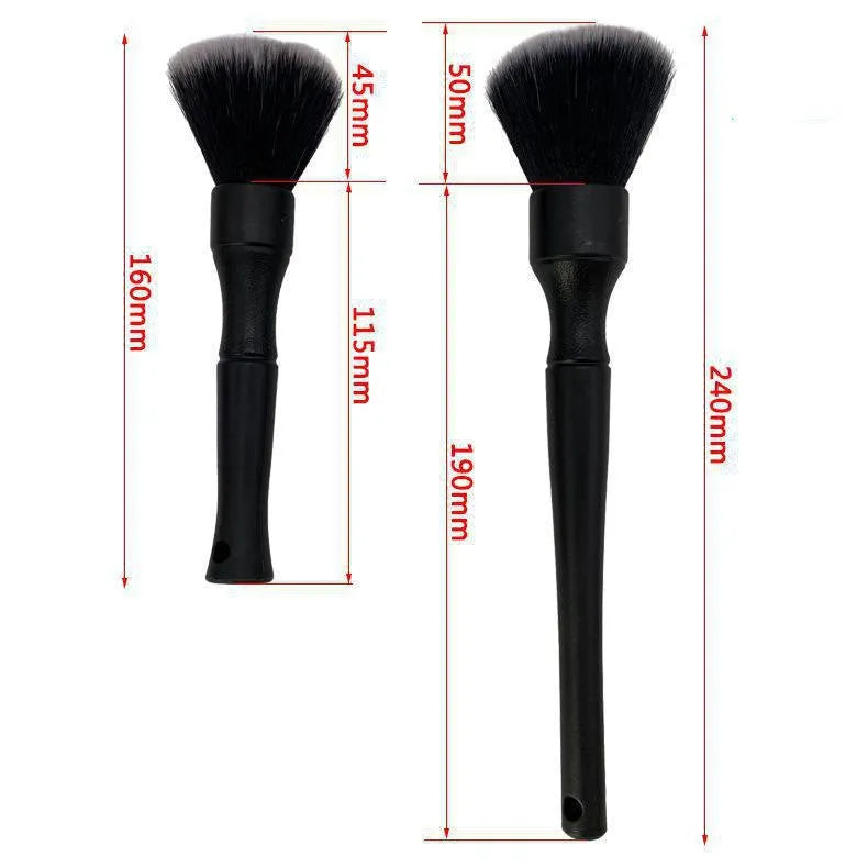 Black car detailing brush with super soft pig hair bristles for interior cleaning in two available sizes