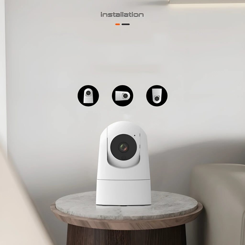 White indoor smart security camera with 1080p resolution and electronic zoom