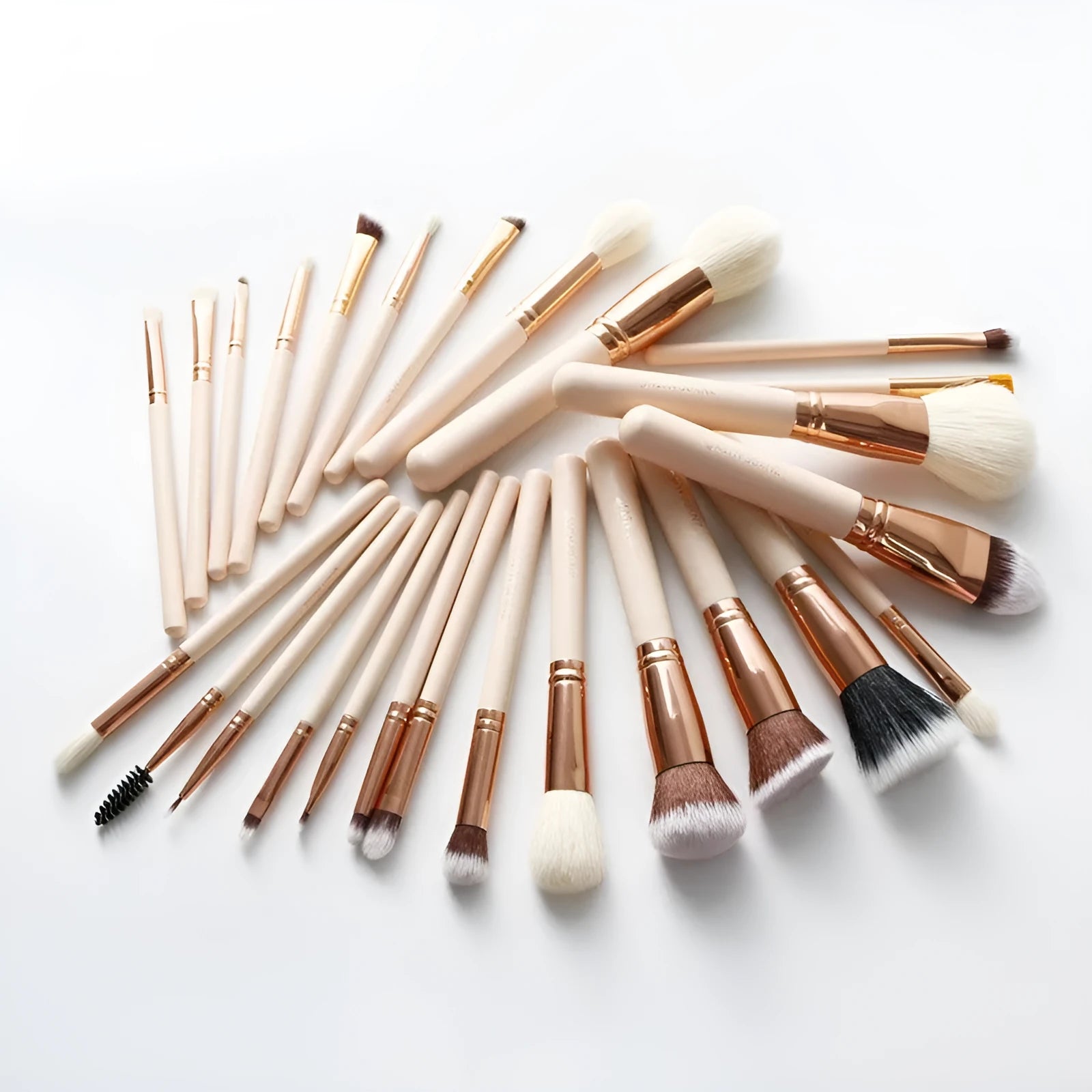 26 pink-handled makeup brushes with wool bristles in a rolled-up PU case
