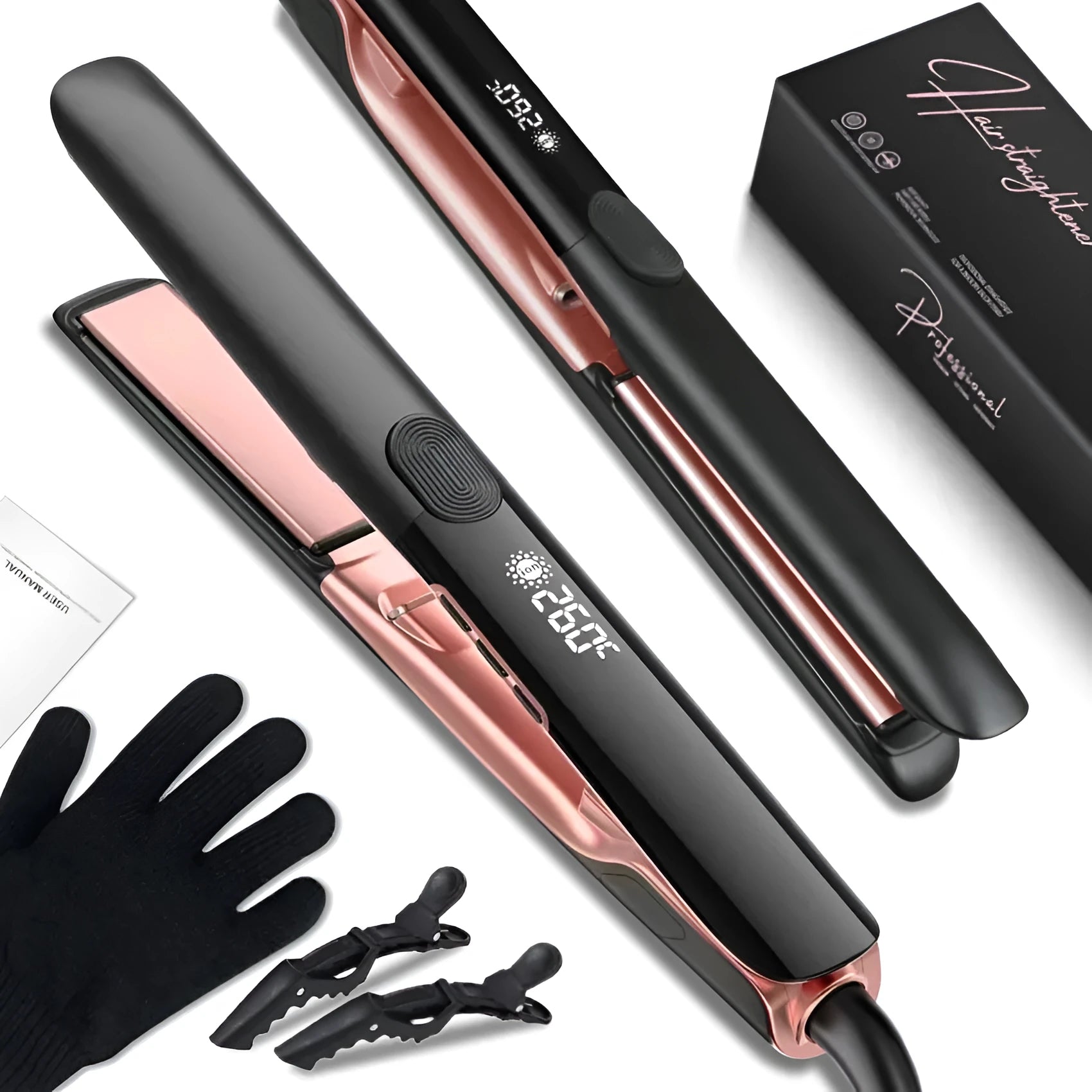 Hair straightener and curler with digital temperature display showing 207°C