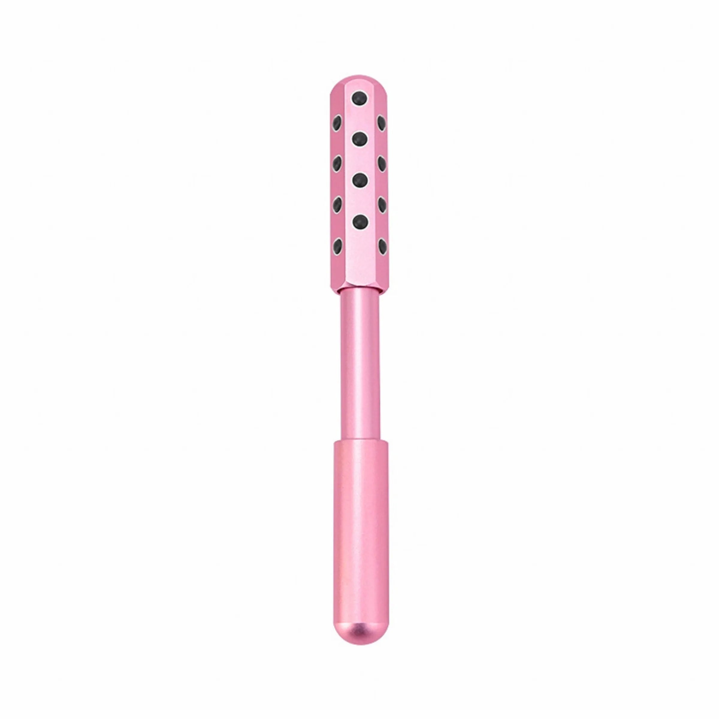 Purple stainless steel facial massage roller with germanium particle ball head on a white background.