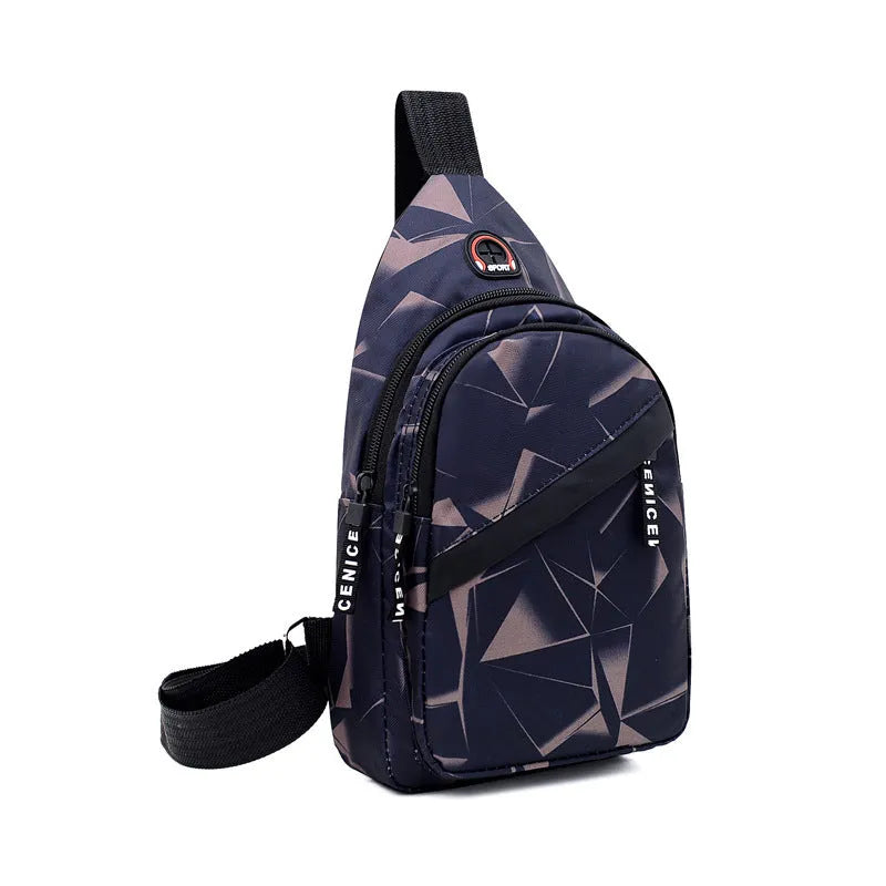 Blue print sling chest bag with a crossbody strap, showing the earphone hole and zipper opening.
