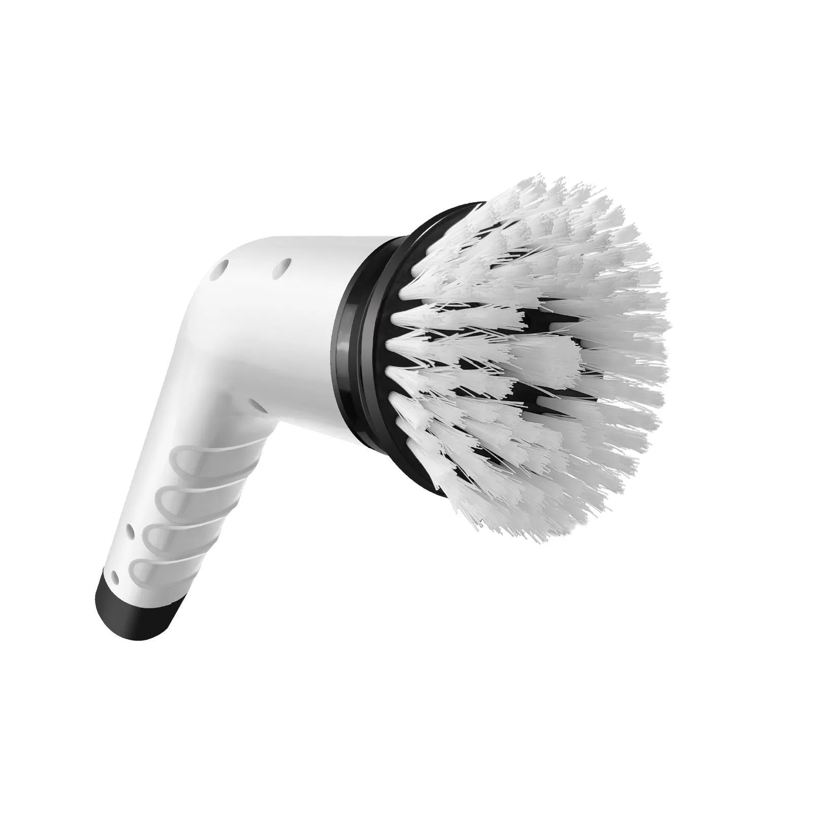White rechargeable handheld cleaning brush with USB cable on a plain background