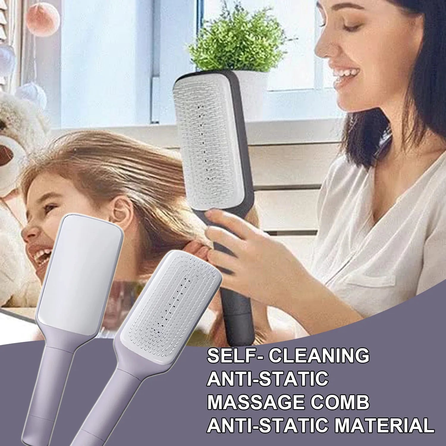 Self-cleaning hair brush with rotating handle, anti-static teeth and scalp massage points in purple and grey colours