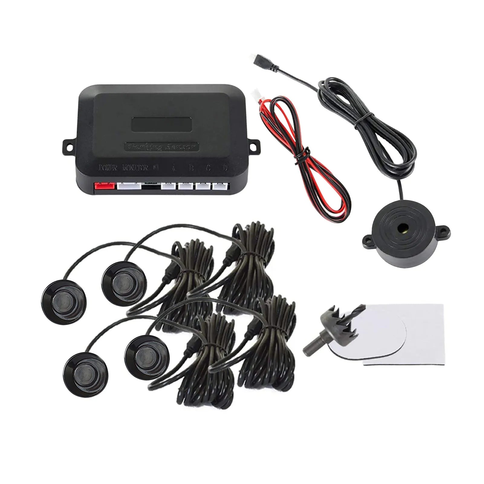 4-probe car reversing radar kit with sensors, command module, and installation tools