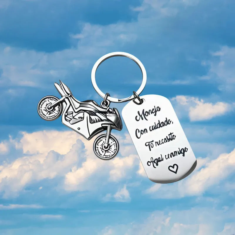 Stainless steel motorcycle keychain with metal construction and flannel storage bag
