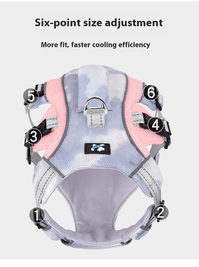 Reflective pet cooling chest strap in light blue colour with adjustable sizing options