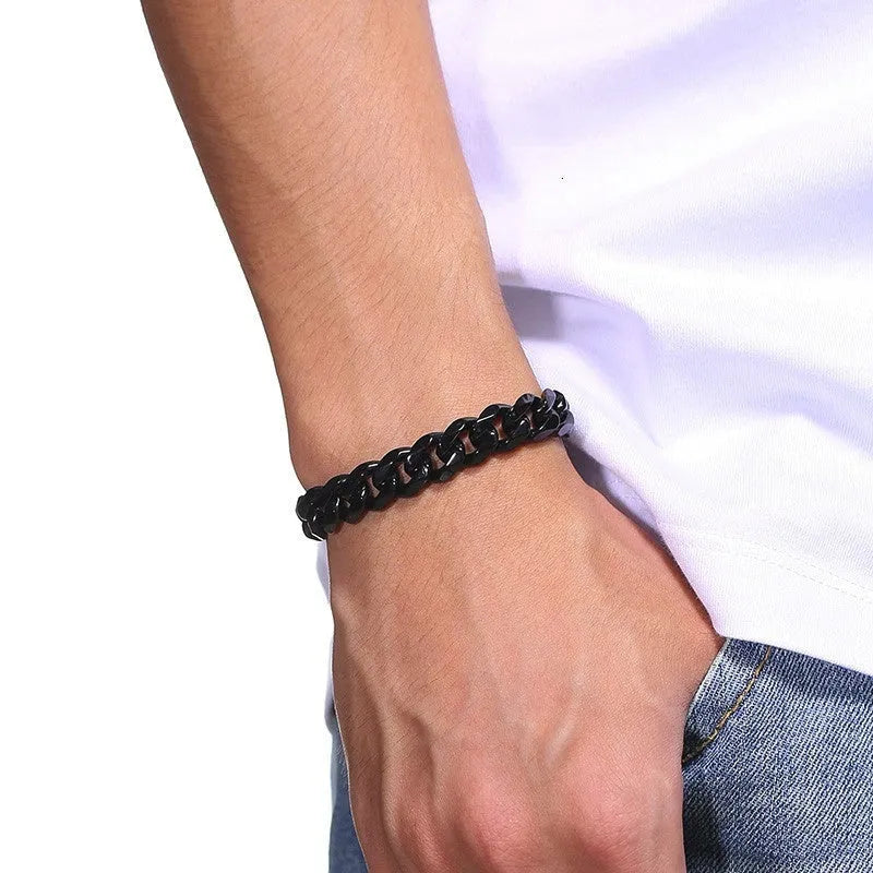 Six-sided Cuban link chain metal bracelet shown in gold, black and steel colour finishes with different width options.