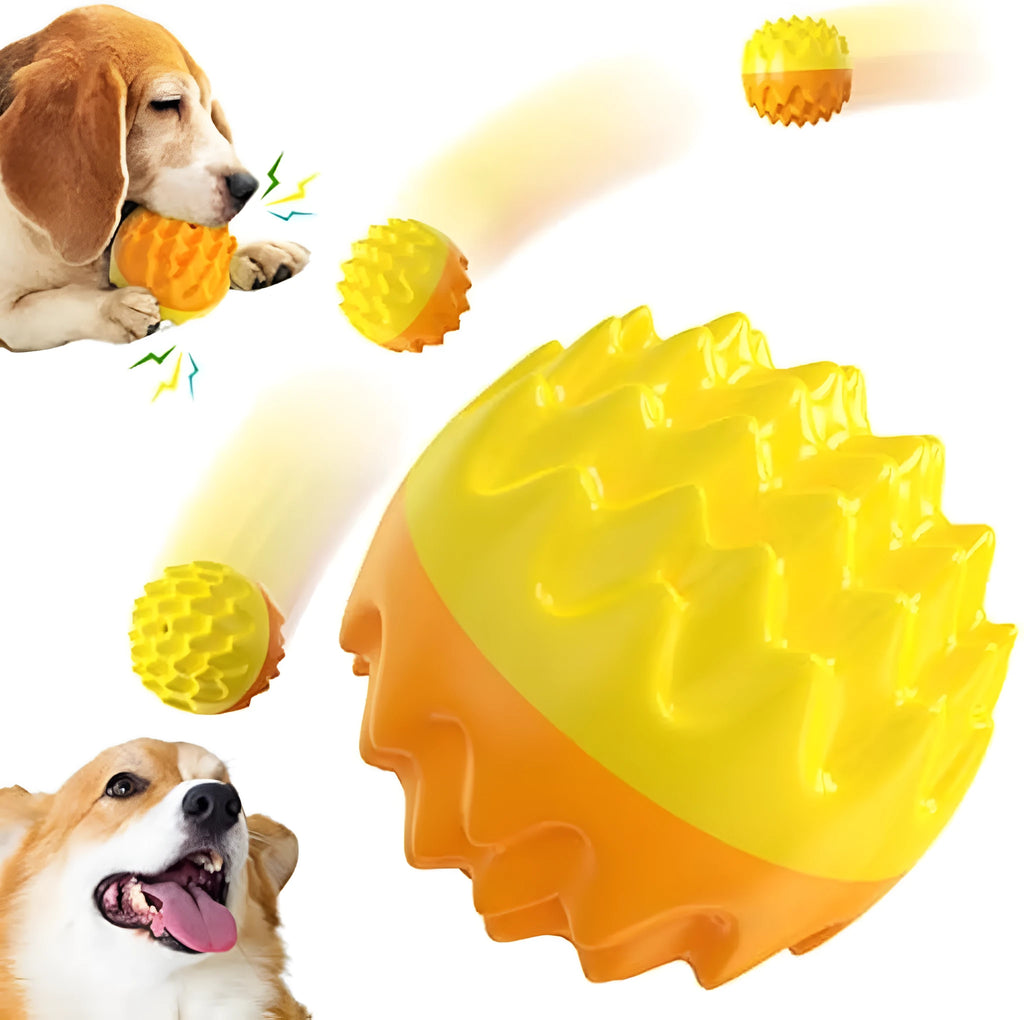 Blue and orange durable rubber dog ball with spiky texture for dental cleaning and floating squeaky toy