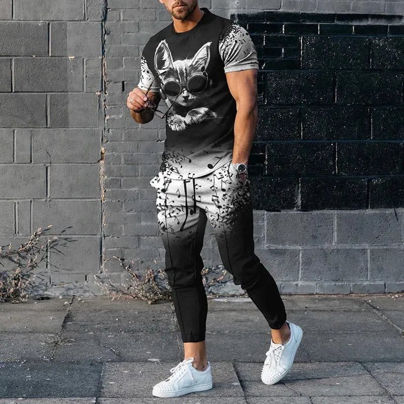 Men's short sleeve printed pullover and trousers set in thin polyester blend fabric for sports and casual wear