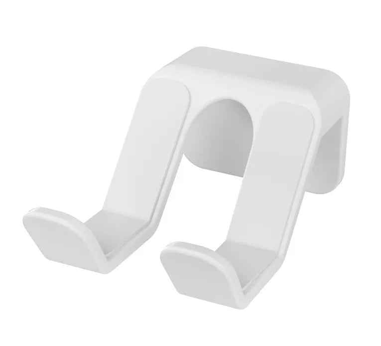 Black ABS plastic universal wall-mounted hanging rack holding a game controller and a gaming headset.