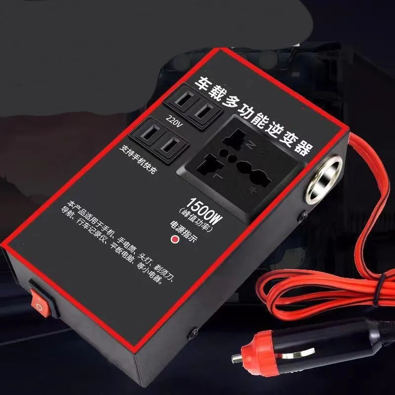 Black automotive power converter converting 12V/24V vehicle battery to 220V mains electricity with sockets and USB ports