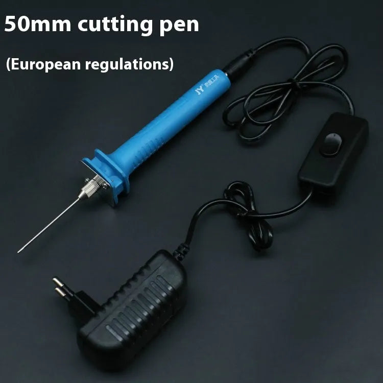 Blue electric heating foam cutter pen with plastic handle and adapter.