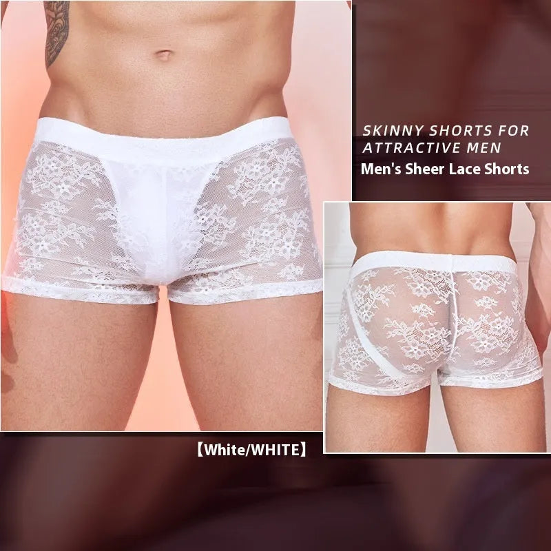 A pair of men's nylon lace boxers on a neutral background, shown in the available black, white, and red colour options.
