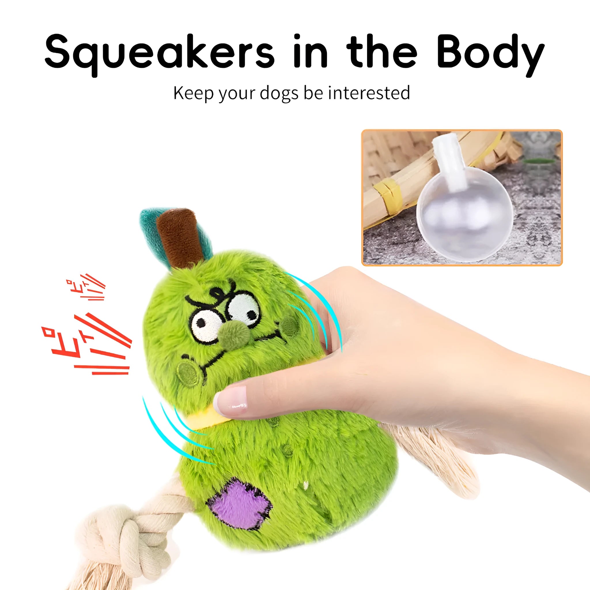 Green and purple plush rope knot dog toy with squeaker for tug of war and chewing.