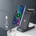 Black and white 3-in-1 wireless charging station with phone stand for iPhone and Samsung.