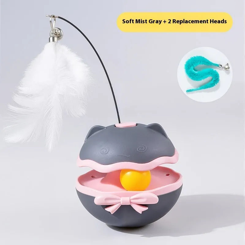 Electric cat toy tumbler with self-moving action and teaser wand attachment in plastic construction