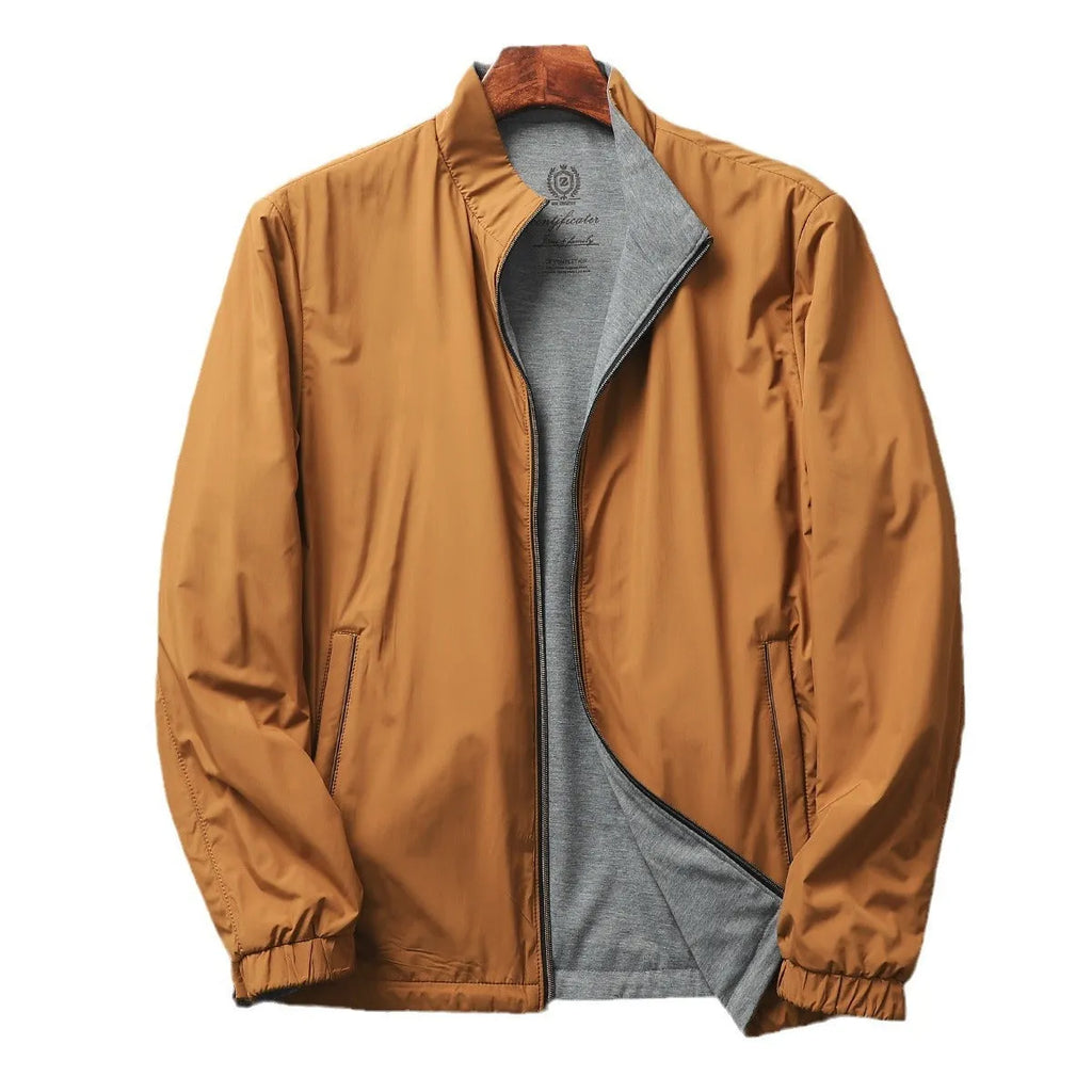 Men's stand collar simple jacket in a polyester blend fabric shown in Army Green colour.