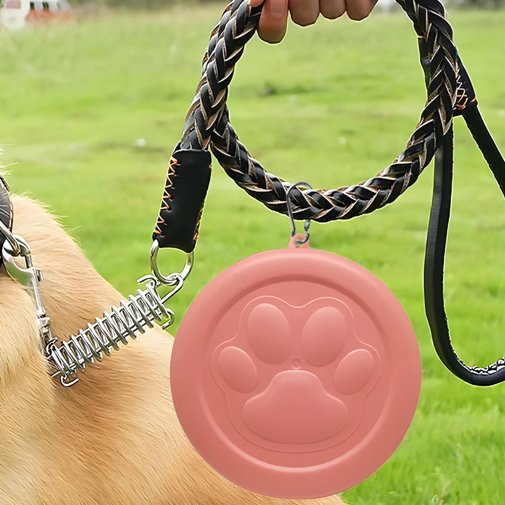 Collapsible silicone dog food and water bowl in pink and green colours, shown in both open and flattened positions