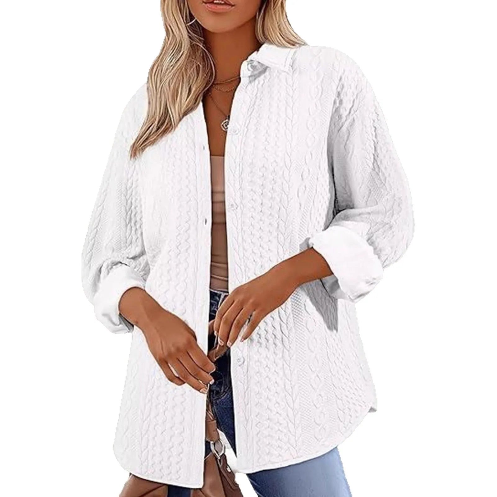 Women's solid colour long-sleeved knitted cardigan in black on a hanger, showing cardigan style and texture.
